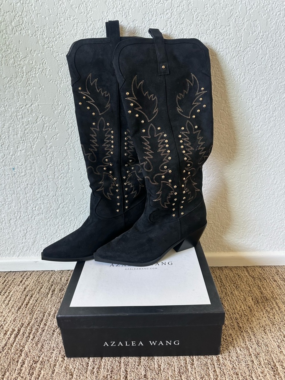 Azalea Wang Beckett cowboy boot
- Black Suede Studded Western Knee-High Boots